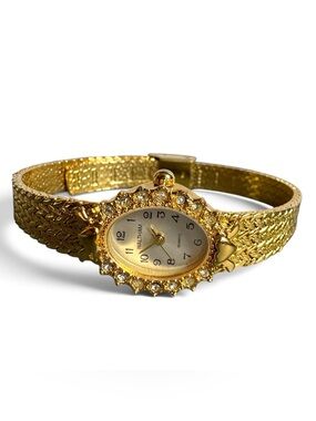 Vtg Waltham Gold Tone Rhinestone Oval Bracelet Watch Glam Cocktail NEEDS BATTERY